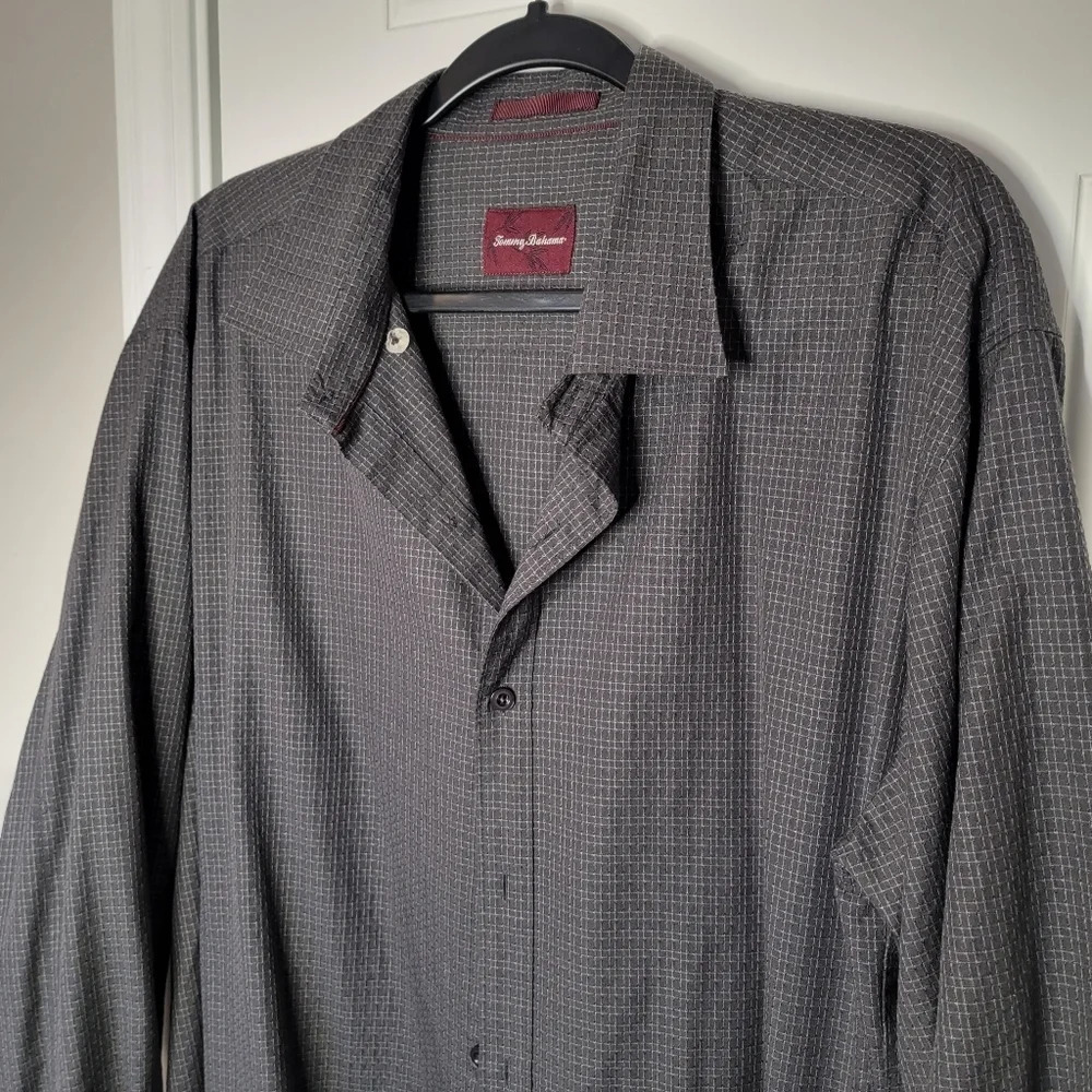 Tommy Bahama Dark Gray Checked Button Down Silk Cotton Blend Shirt XL - Picture 2 of 10